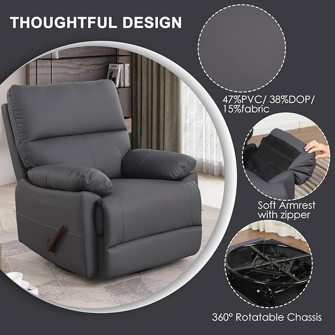 Manual Recliner Chair with Lever Handle 360° Swivel Elderly Rocker Recliner Chairs Single Seat upholstered Recliner Sofa Chair for Living Room Apartment (Dark Grey)