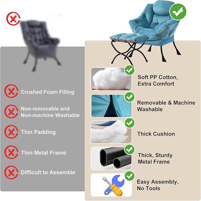 Lazy Chair with Ottoman Modern Accent Chairs with Folding Footrest Velvet Light Blue Sofa Chair Set Reading Chairs Oversized Armchairs for Bedroom Study Living Room Courtyard