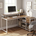 55 Inch Computer Desk with Monitor Stand L-Shaped Home Office Desk with Storage Drawers Reversible Gaming Writing Study Table for Home Office Bedroom (White+Oak)
