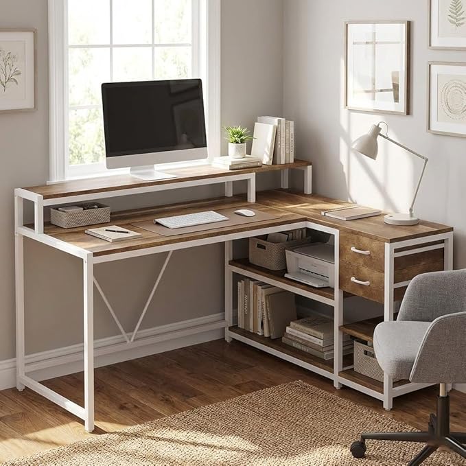 55 Inch Computer Desk with Monitor Stand L-Shaped Home Office Desk with Storage Drawers Reversible Gaming Writing Study Table for Home Office Bedroom (White+Oak)