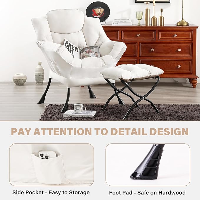 Tiita Lazy Chair with Ottoman Beige Modern Large Accent Chair Comfy Leisure Sofa Armchair with Ottoman Reading Chair with Footrest for Bedroom Living Room Dorm Rooms Beige