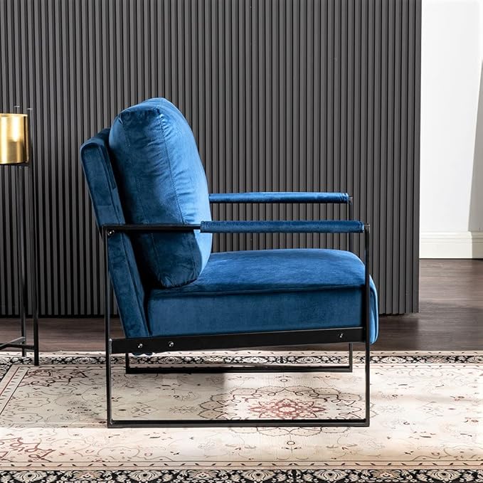 Classic Mid Century Modern Accent Chair with Square Metal e Armchair for Living Room Bedroom Home Office in Plush Velvet Upholstery Blue