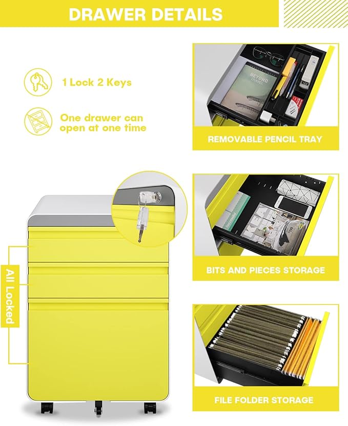 Dripex 3 Drawer File Cabinet Metal Filing Cabinets with Lock Wheels &amp Hanging Rail for A4/Legal/Letter File Anti-tilt Under Desk Design Lockable Rolling Mobile File Cabinet for Home Office (Yel