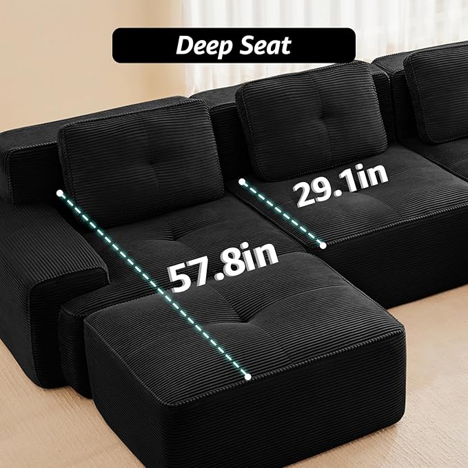 150 Modern Boneless Couches for Living Room Corduroy Cloud Couch Sectional Black Modular Sectional Sofa 4 Seater with 1 Ottoman Sofas para Sala L Shape Sofas &amp Couches (Black 4+1 Set)