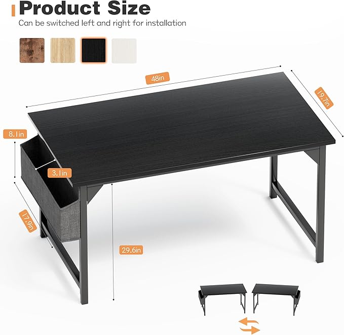 Shahoo 48 Inch Computer Desk Wood Modern Simple PC Home Office Table with Storage Bag and Headphone Hook for Home Office Study Writing Black