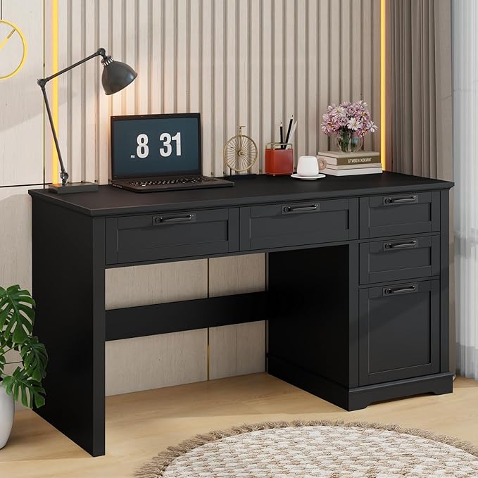 Vabches 55 Farmhouse Home Office Desk with File Drawer Executive Computer Desk with 4 Storage Drawers Rustic Computer Desk for Working Studying Writing Black
