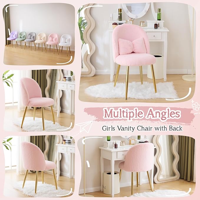 VINGLI Fluffy Girls Vanity Chair with Back &amp PillowCute Small Cozy Desk Chair No WheelsComfy Makeup Ch with Ajustable Gold Legsfor BedroomLiving RoomSmall SpacePink