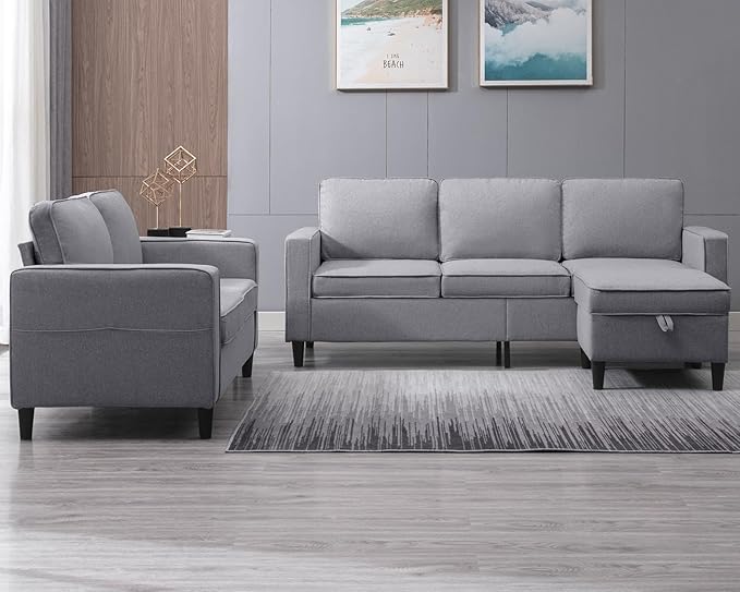 PUREMIND 2 Piece Living Room Sofa Set L Shaped Sectional Couch and Loveseat Sets Modern Linen 3 Seater Sofa with Storage Ottoman + 2-Seat Love Seat Furniture Sets for Apartment