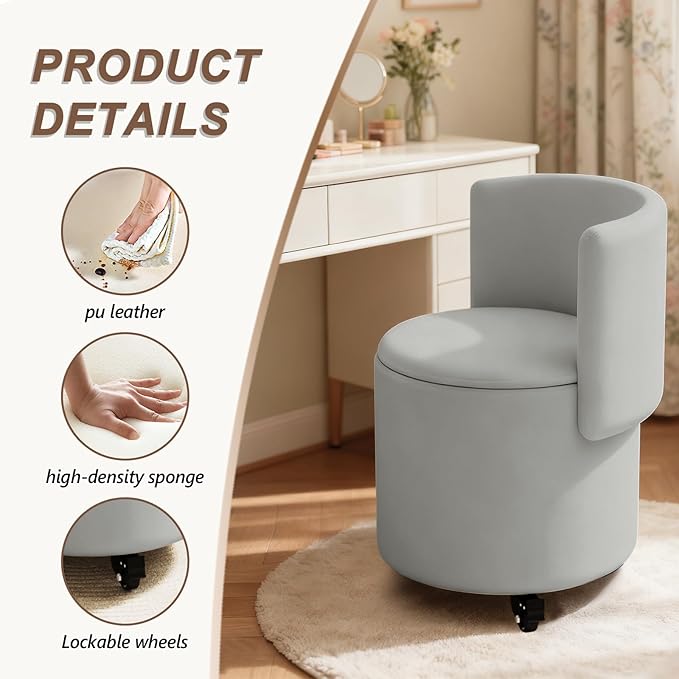 Rolling Round Vanity Chair with Storage Swivel Makeup Chair with Folding Back PU Leather Small Upholstered Ottoman for Bedroom Living Room