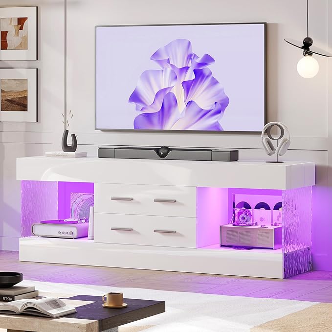 Bestier Modern 60 Inch TV Stand for 65/60/55+ TV High Gloss White Entertainment Center with 2 Drawers &amp LED Lights Stone-Pattern Side Panels TV Consoles for Living Room Bedroom