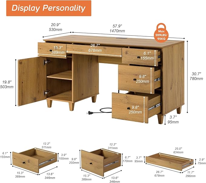WAMPAT Desk with Drawers &amp Storage Cabinet 58 Inch Wide Wooden Home Office Desk with Charging Station Modern Large Wood Executive Computer Desk Work &amp Study Writing Desk Oak Brown