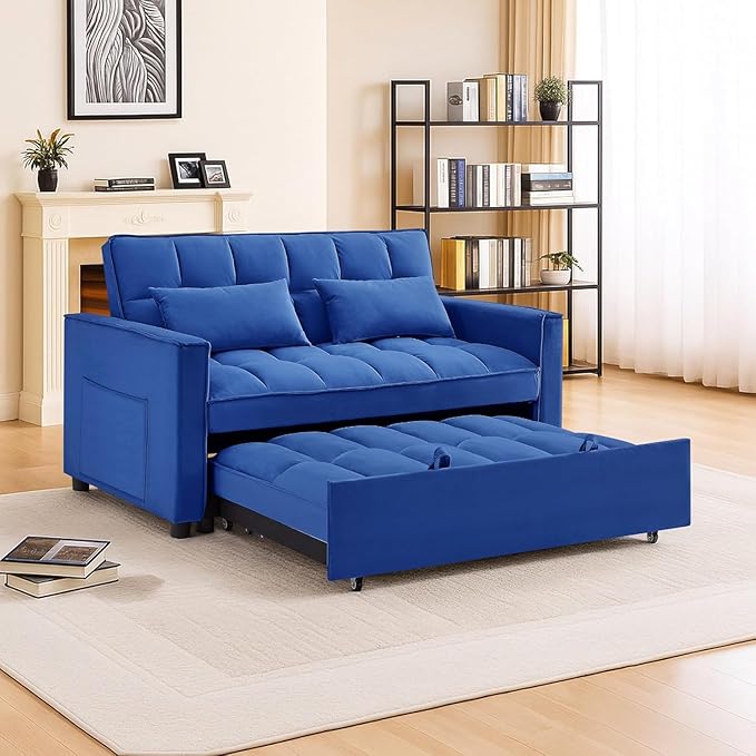 3 in 1 Convertible Sleeper Sofa BedFuton Couch with Pull-Out Bed &amp Adjustable BackrestVelvet Fabric Loveseat Sleeper with Side Pocket for Small Apartment Living Room Office (Blue) | Adjustable