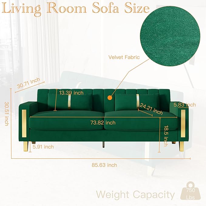 85.63 Modern Green Velvet Sofa with Gold Metal Legs Large Upholstered Comfy 3 Seater Couches for Living Room Bedroom Office (Green)