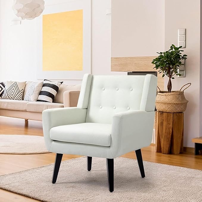 AVAWING Accent Chair Comfy Button Tufted Armchair with Wood Legs Modern Fabric Single Seat Side Reading Chair for Living Room &amp Bedroom White
