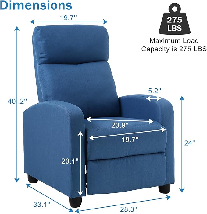 Recliner ChairSingle SofaLiving Room ChairsReading ChairRecliner Chairs for AdultsReclining SofaHome Theater SeatingLash Recliner ChairBlue
