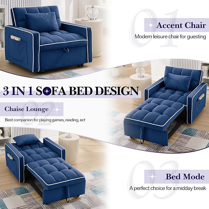 Antetek Convertible Sleeper Chair Bed 3 in 1 Modern Velvet Pull Out Sofa Bed Small Tufted Single Sleeper Chair with Adjustable Backrest/Pillow for Living Room Small Spaces Apartment Office Blue
