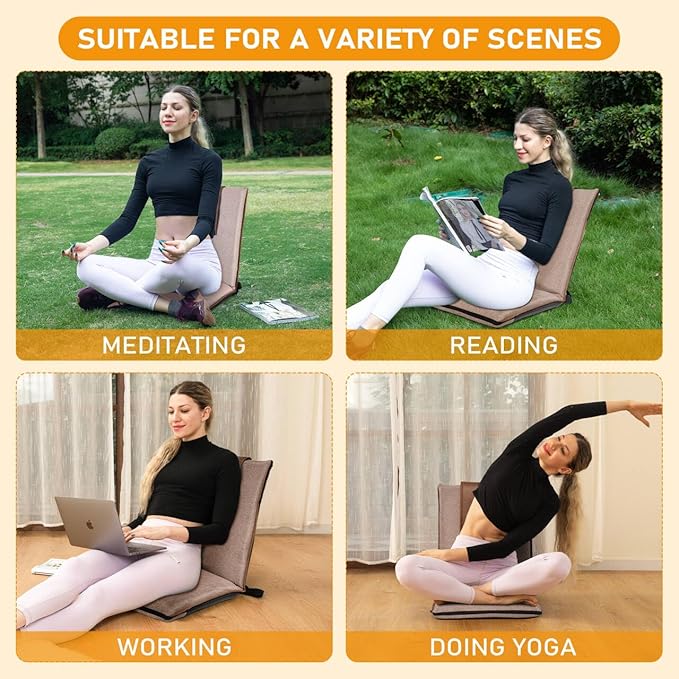 Floor Chair with Back Support 14-Position Adjustable Floor Chair Portable Ground Seating for Adults &amp Kids Foldable Meditation Seat with Japanese KOYO Bearings &amp Washable Linen Cover (Coffee)