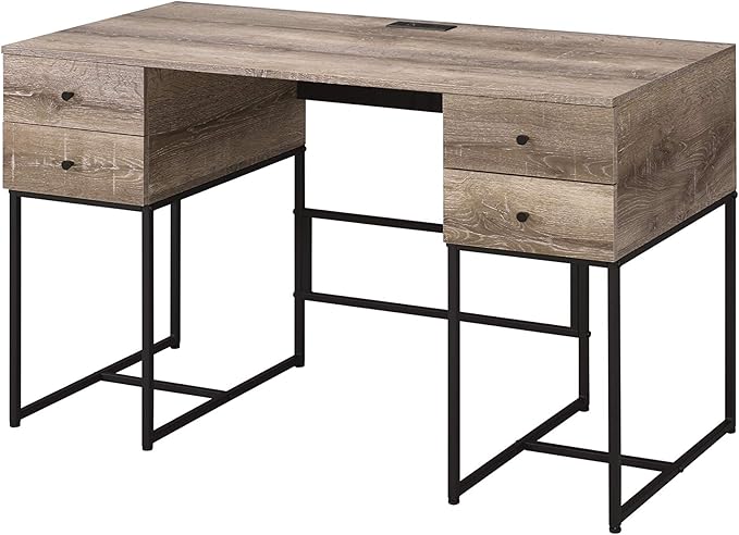 Rustic Oak &amp Black Writing Desk with USB Port - Modern Home Office Design
