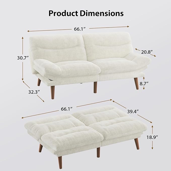 Pipishell Futon Sofa Bed Modern 66 Futon Couch Convertible to Bed &amp Lounger Compact Size Corduroy Loveseat Durable Construction - Fits Small Spaces ApartmentsStudy Room (Beige White 66 Inc