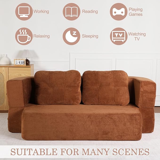 Folding Sofa Bed 78.7 Extra-Long Convertible Sofa Bed with 2 Pillows &amp Blanket 14.6 Thick High-Density Foam Boneless Couch for Bedroom Living Room Apartment Brown