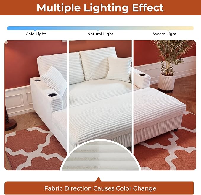 65 Oversized Chaise Lounge Chair Indoor Upholstered Sofa Bed with Pillows &amp 2 Cup Holders Sleeper Couch Comfy Corduroy Recliner Chair for Living Room Movie Room Bedroom White