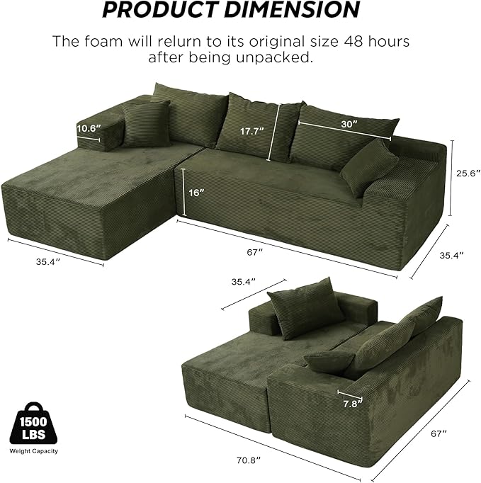 Green 103“ Sectional Couches for Living Room Boneless Couch with L-Shape Chaise Modular Sofa in Box with Deep Seat No Assembly Required
