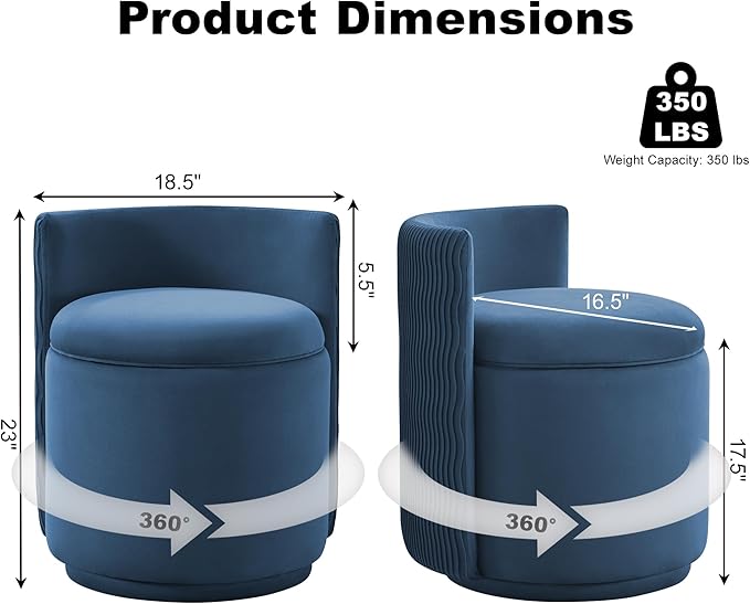 360° Swivel Velvet Vanity Chair with Storage Barrel Makeup Chair with Wave Back No Assembly Upholstered Vanity Small Accent Chairs for Living Room Blue
