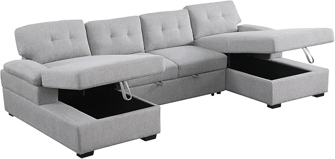 BEEY Sofa Bed 118 Oversized Sleeper Sectional Sofa with Storage Chaise U Shaped Sectional Couch with Pull Out Bed 6 Seater Pull Out Couch Bed for Living Room Bedroom (Light Grey_4 Seater)