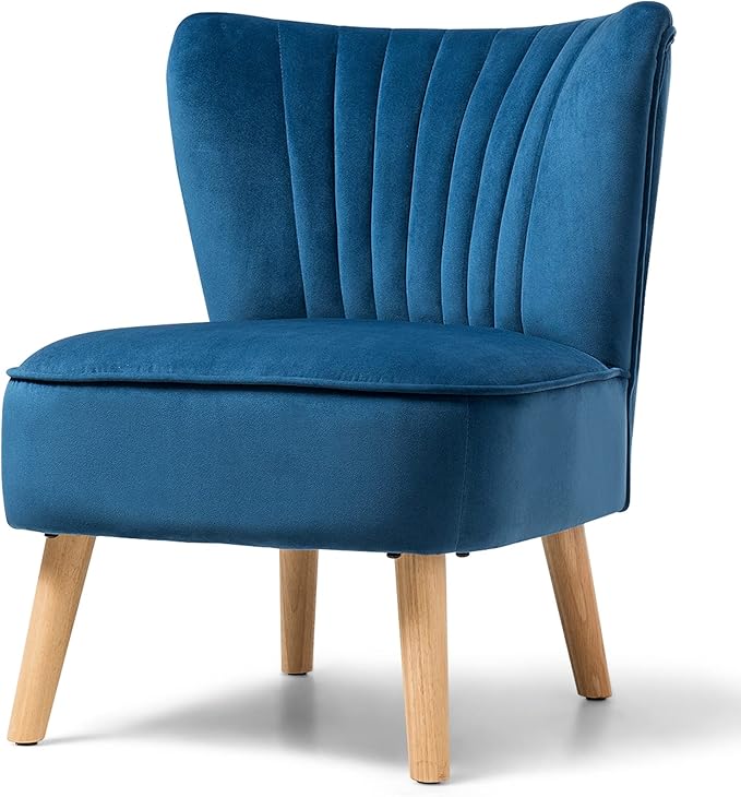 KOTEK Velvet Accent Chair Modern Armless Accent Chair w/Solid Rubber Wood Legs Upholstered Side Chair Club Sofa Chair Slipper Chair for Living Room Bedroom (Blue)