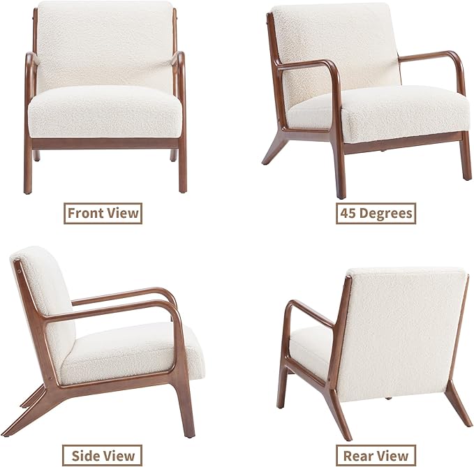 SILKIR Mid-Century Modern Accent Chair with Cushions Living Room Chair with Solid Wood Frame Lounge Chair Chair for Living Room Office Bedroom Lambswool White