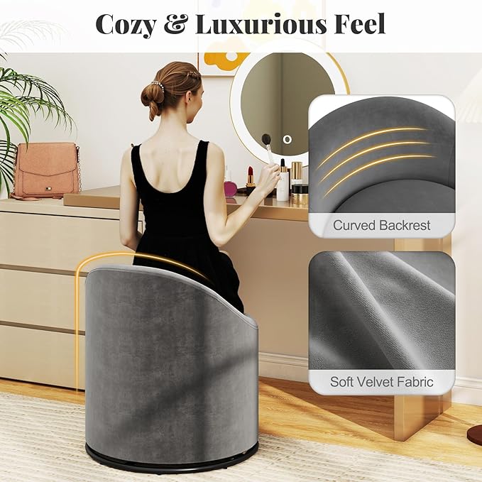 Giantex Swivel Accent Chair with Storage 360° Upholstered Vanity Chair with Backrest Velvet Modern Storage Ottoman Small Barrel Swivel Armchair for Bedroom Living Room No Assembly Grey