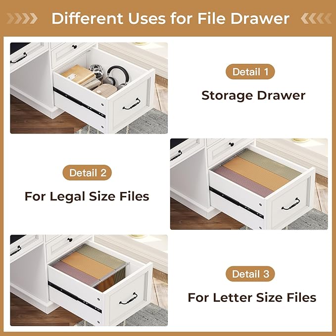 BTHFST Executive Desk with File Drawer Computer Desk with Monitor Stand Home Office Desk with Drawers &amp Storage Cabinet Writing Desk with Charging Station &amp LED Lights White