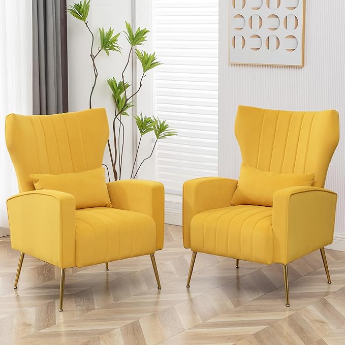 Modern Accent Chairs Set of 2 Comfy Wingback Armchair with Pillow Upholstered Sofa Chair Reading Chair for Bedroom Living Room Small Spaces Yellow Velvet