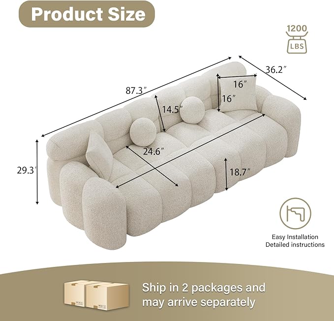 87.3 Modern Sofa Couch Comfy Deep Seat Chenille Cloud Sofa Upholstered 3-Seater Couch Oversized Loveseat for Living Room Bedroom Office Apartment Beige White