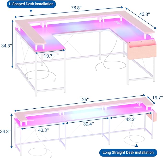 Garvee 79 Inch u Shaped Computer DeskLarge Gaming Desk with Power Outlets &amp LED LightsReversible l Shaped Desk for Home Office Work and GamingPink
