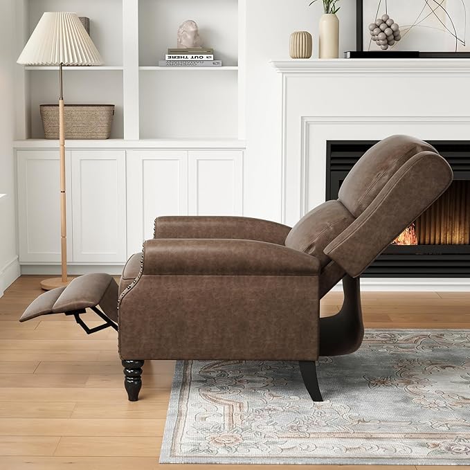 Leather Recliner Chair Pushback Recliner Chair with Adjustable Backrest Footrest Mid-Century Modern Living Room Reclining Chairs with Lumbar Support for Reading Bedroom (Brown)