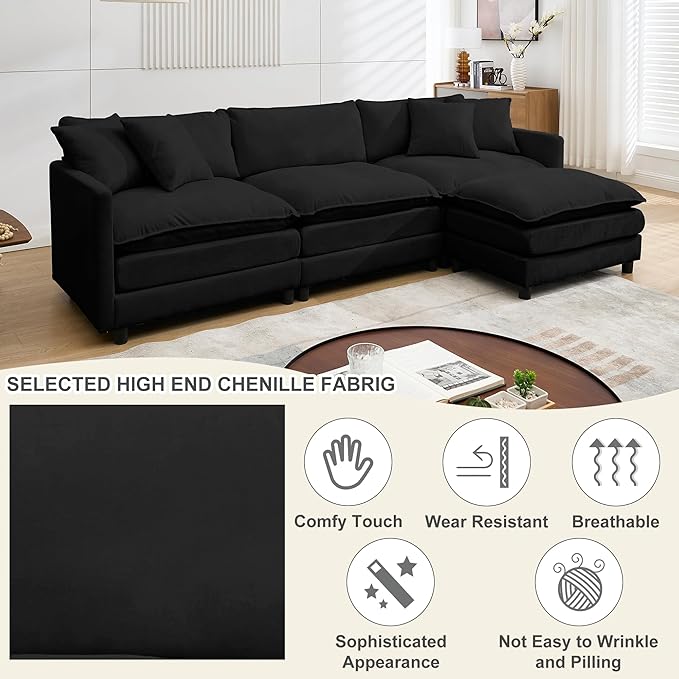 Modular Convertible Sectional Couch L-Shaped 4 Seat Sofa with Reversible Chaise Deep Seat Cloud Couch 3-in-1 Sleeper Sofa Bed Chenille Fabric for Modern Living Room Apartment Studio Office