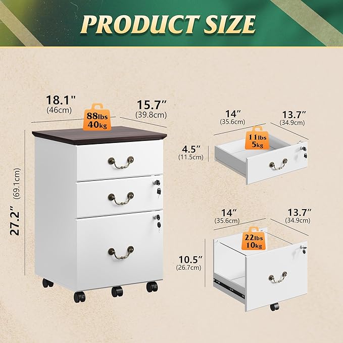 DEVAISE File Cabinet 3-Drawer Small Office Furniture with Lock Rolling Under Desk Filing Cabinet for Home Office White