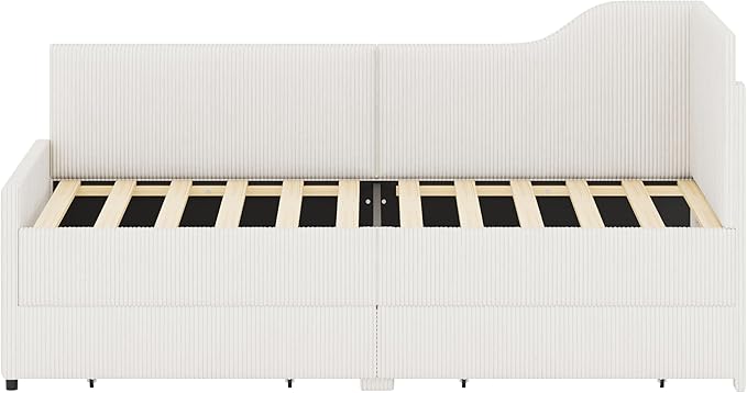 Twin Size Daybed L-Shaped Modern Corduroy Upholstered Sofa Day Bed Frame with Storage Drawers for Living Room Bedroom Guest Room No Box Spring Needed (Beige)
