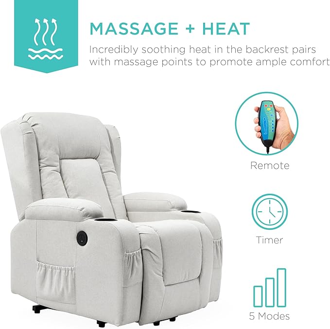 Best Choice Products Modern Linen Electric Power Lift Chair Recliner Massage Chair Adjustable Furniture for Back Legs w/ 3 Positions USB Port Heat Cupholders Easy-to-Reach Button - Ivory