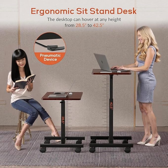 Mobile Standing DeskSmall Rolling DeskHeight Adjustable Rolling Cart with Lockable Wheels for Home Office Computer Workstationwith Hook Dark Walnut