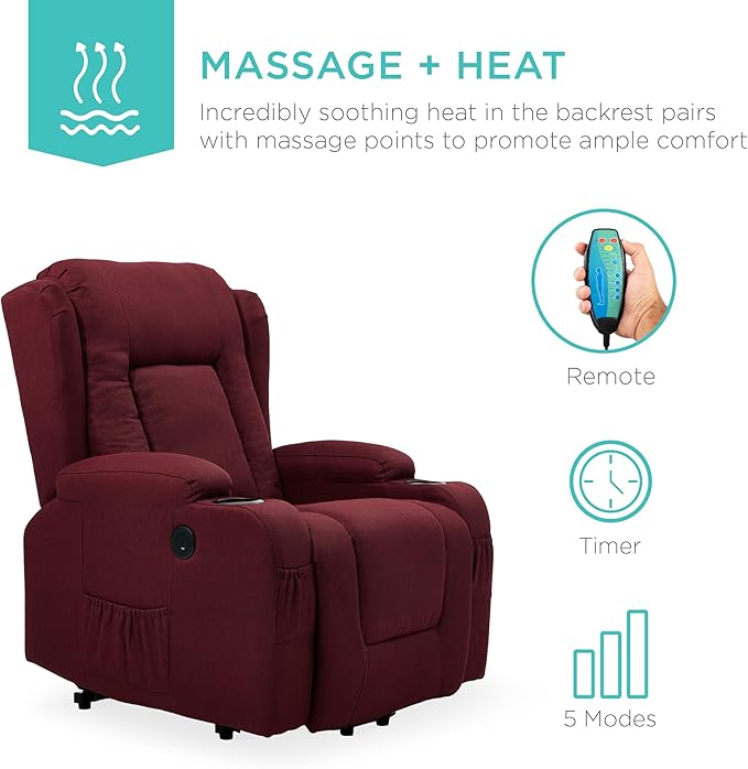 Best Choice Products Modern Linen Electric Power Lift Chair Recliner Massage Chair Adjustable Furniture for Back Legs w/ 3 Positions USB Port Heat Cupholders Easy-to-Reach Button - Burgundy