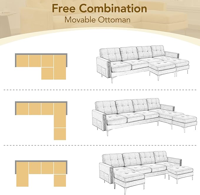 Polibi Luxury Velvet Convertible L-Shaped Sectional Sofa with Movable Ottoman 5-Seater Modern Couch with Storage Pockets for Living Room Apartment &amp Office (Yellow)