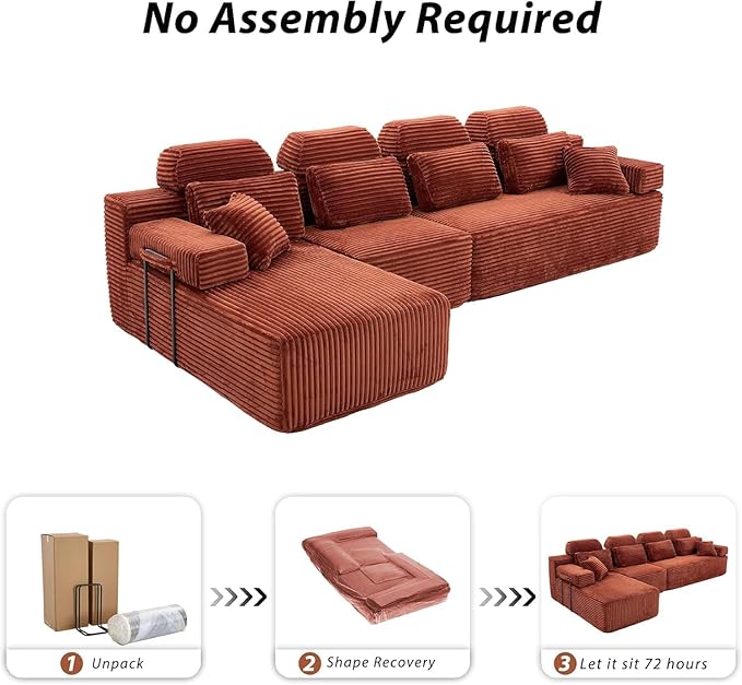 136″ Cloud Modular Sectional Sofa Modern L-Shaped Sectional Couches for Living Room Oversized 3-Seater Couch Corduroy Boneless Couch in a Box No Assembly Required Orange