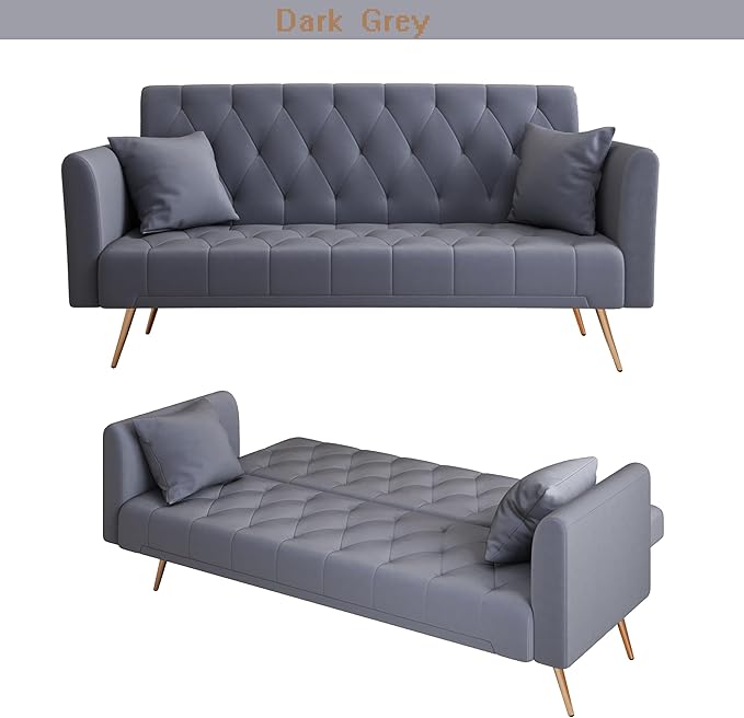 72Modern Velvet Sofa Bed FutonConvertible Folding Sleeper Bed Couches with 3 Adjustable BackrestsTufted Recliner Loveseat with Golden Chrome Legs for Small Living Room Office (Dark Grey+pillows)