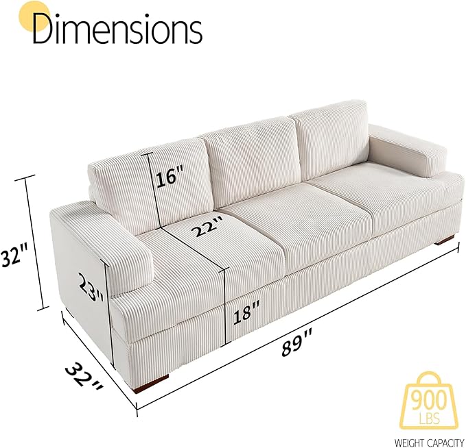 VanAcc 89in Comfy Couch 3 Seater Sofa with Wood Legs Deep Seat Sofa- White Corduroy Modern Couch for Living Room
