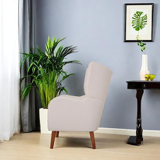 Mid-Century Accent Chair Ivory White Modern Retro Club Chair Birch Frame Upholstered Teddy Wool Fabric Single Sofa Armchair for Small Spaces Living Room Bedroom Reading Corner BalconyOffice