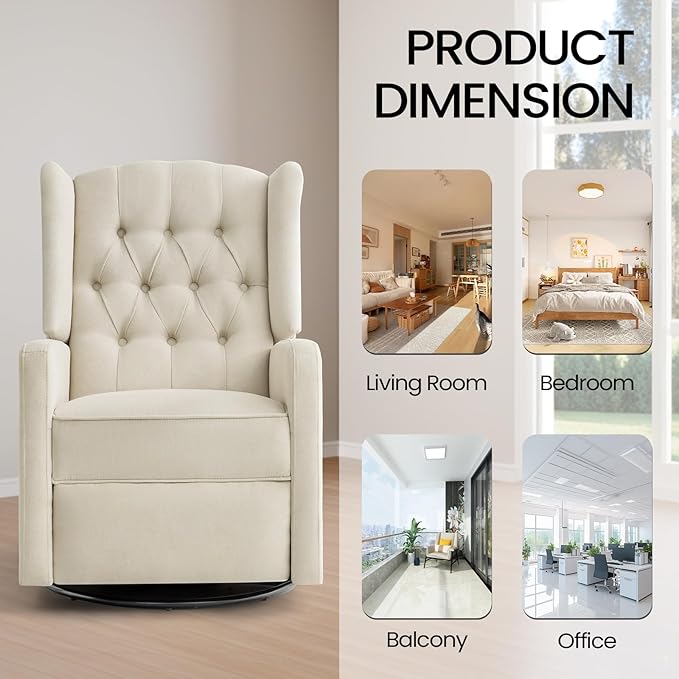 360 Swivel Rocker Recliner Chair for Adults Nursery Chair for Small Spaces Living Room Upholstered Fabric Glider Recliner Lvory