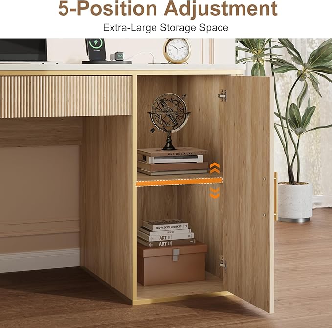 60 Fluted Computer Desk Wooden Long Home Office Writing Desk with Drawer &amp Storage Cabinet Modern Writing Table with Charging Station High Executive Desk for OfficeBedroom Nature Oak