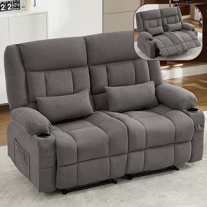 Recliner Loveseat Sofa with Cup Holders 2-Seater Fabric Reclining Couch Manual Recliner Chairs Wall Hugger for Living Room Small Spaces Home Theater RV Love Seats (Gray -2 Seats)